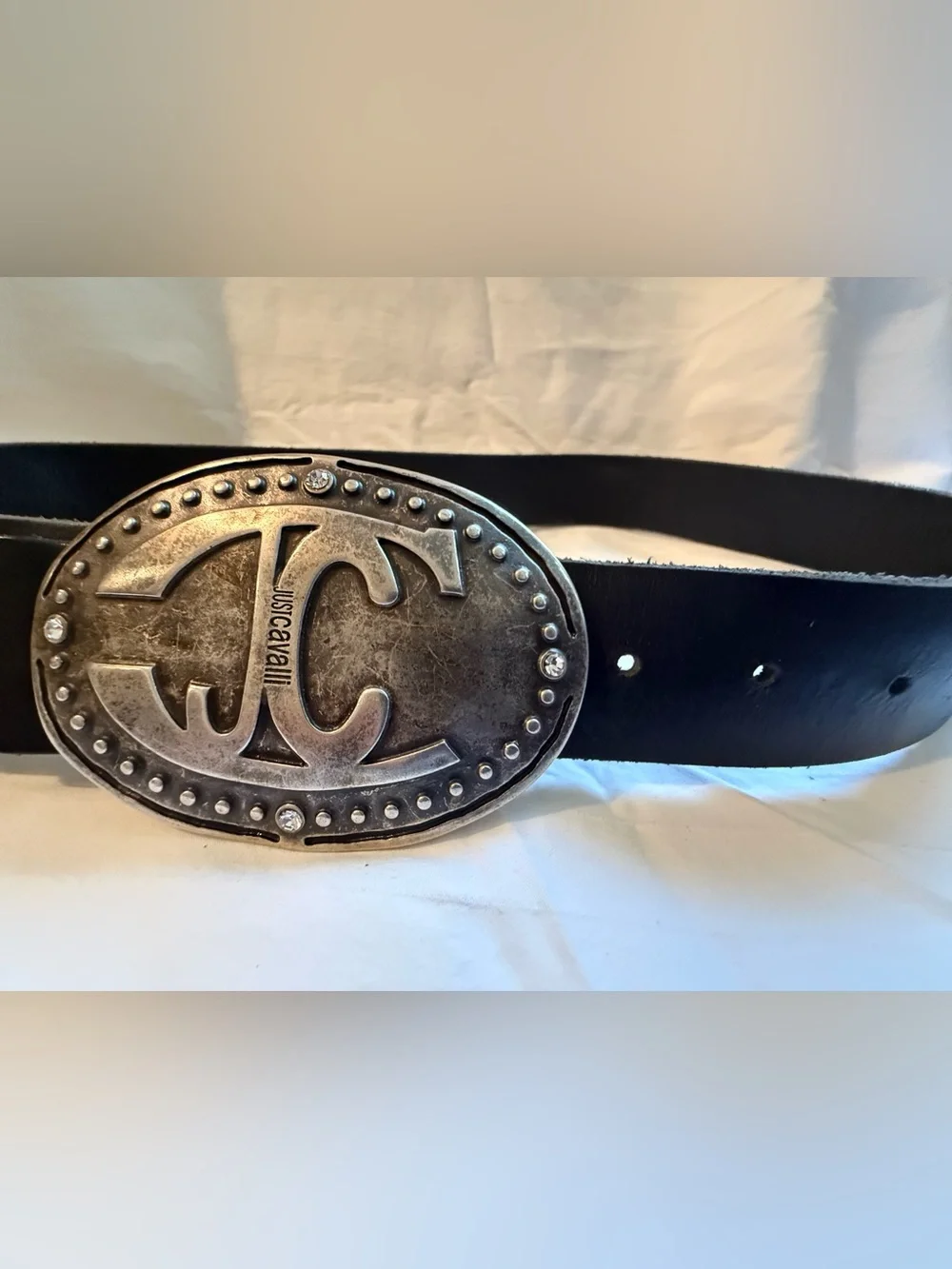 Just Cavalli Antiqued Silver JC Oval Logo Buckle Belt-Made in Italy-Size 105-42